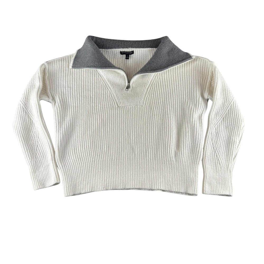 Banana Republic Womens Ribbed Quarter Zip Sweater Cream Grey Cotton Wool Small